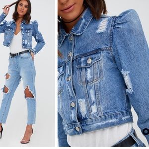 mid wash extreme shoulder cropped denim jacket